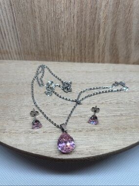 Sterling Silver Pink Teardrop Necklace & Earrings Set